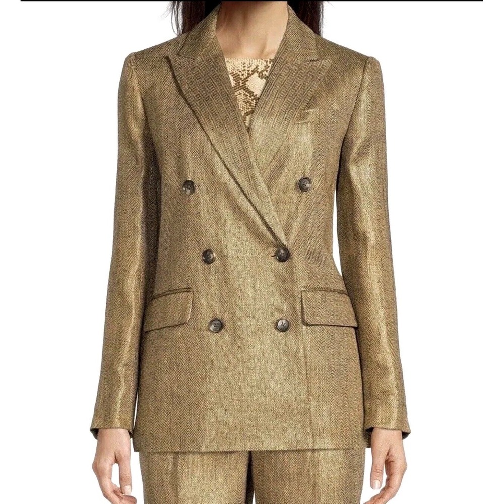 Lauren Ralph Lauren Foiled Linen Bkazer Gold Brown Herringbone Double Breasted 6